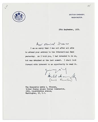 (PRIME MINISTERS--UK.) MACMILLAN, HAROLD. Small archive of 4 Typed Letters Signed, to Admiral Lewis Strauss,